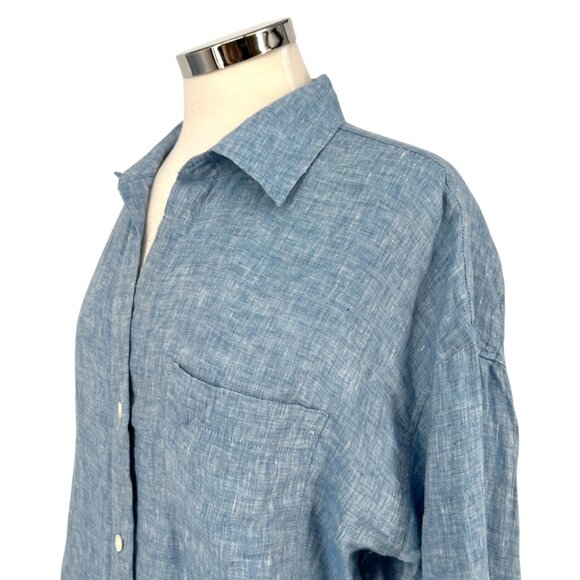 Madewell Shirred Button-Up Shirt In Linen-Cotton Blue Size Large NWT - Picture 6 of 13